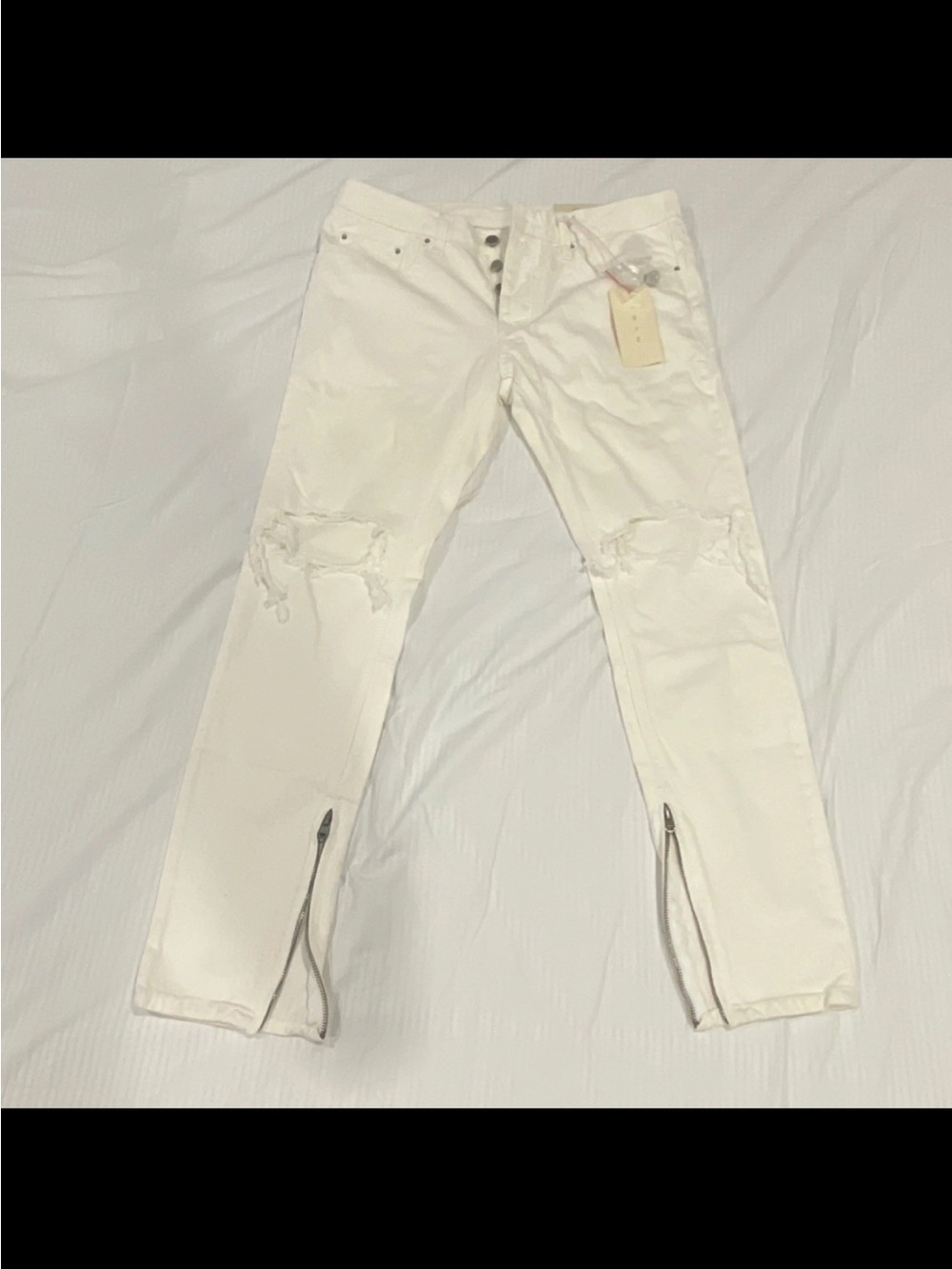 MNML White Slim Distressed Jeans with Zip Hems